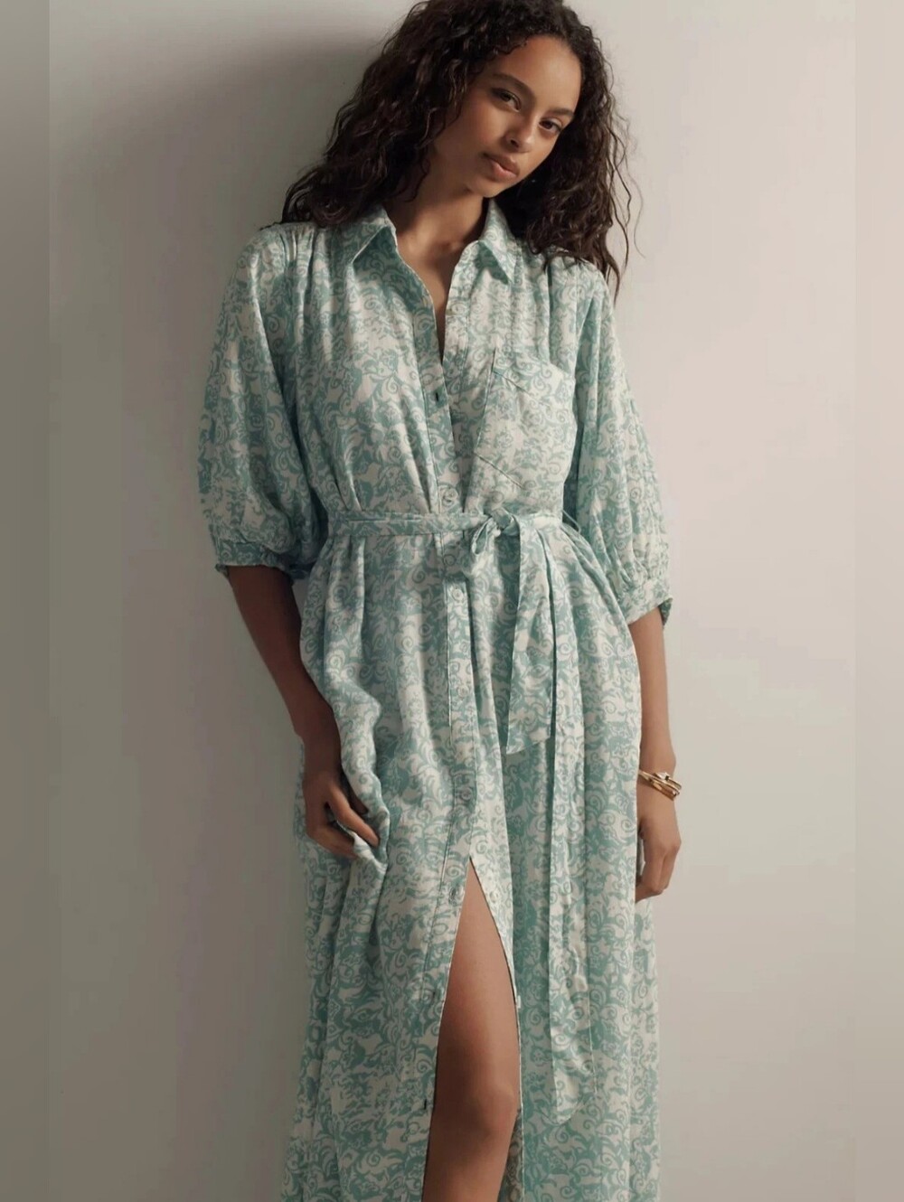 Anthropologie Maeve Blue and White Button-Front Maxi Dress Size M Linen Blend